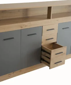 Buffet style industriel L190cm 4 portes er 4 tiroirs Lunata Chêne et Gris