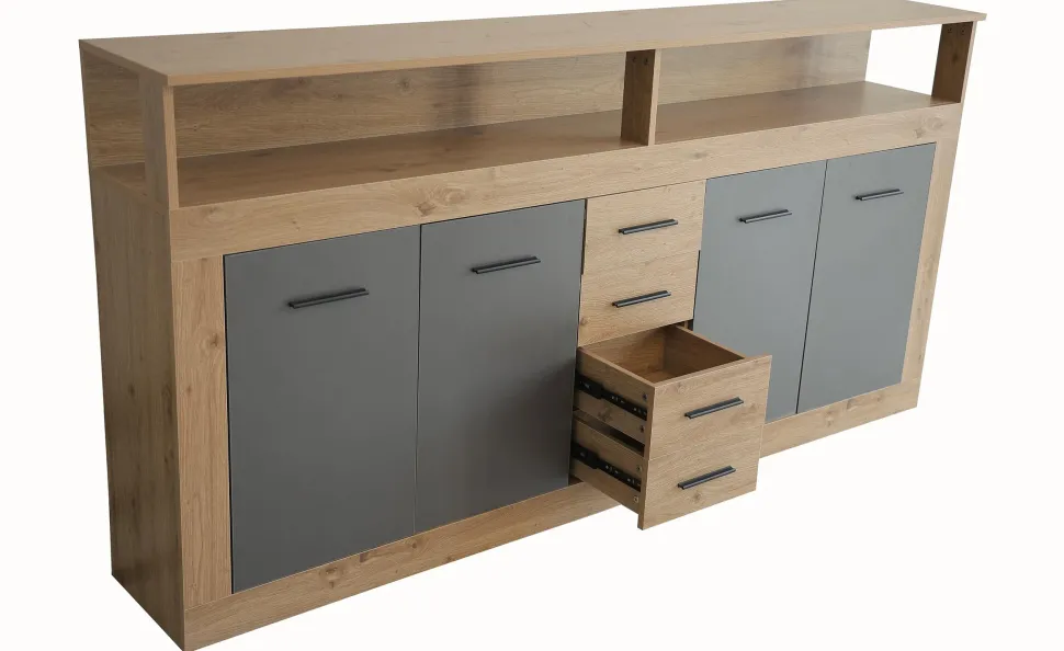 Buffet style industriel L190cm 4 portes er 4 tiroirs Lunata Chêne et Gris