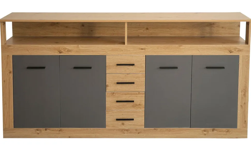 Buffet style industriel L190cm 4 portes er 4 tiroirs Lunata Chêne et Gris