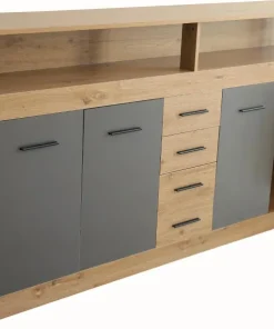 Buffet style industriel L190cm 4 portes er 4 tiroirs Lunata Chêne et Gris