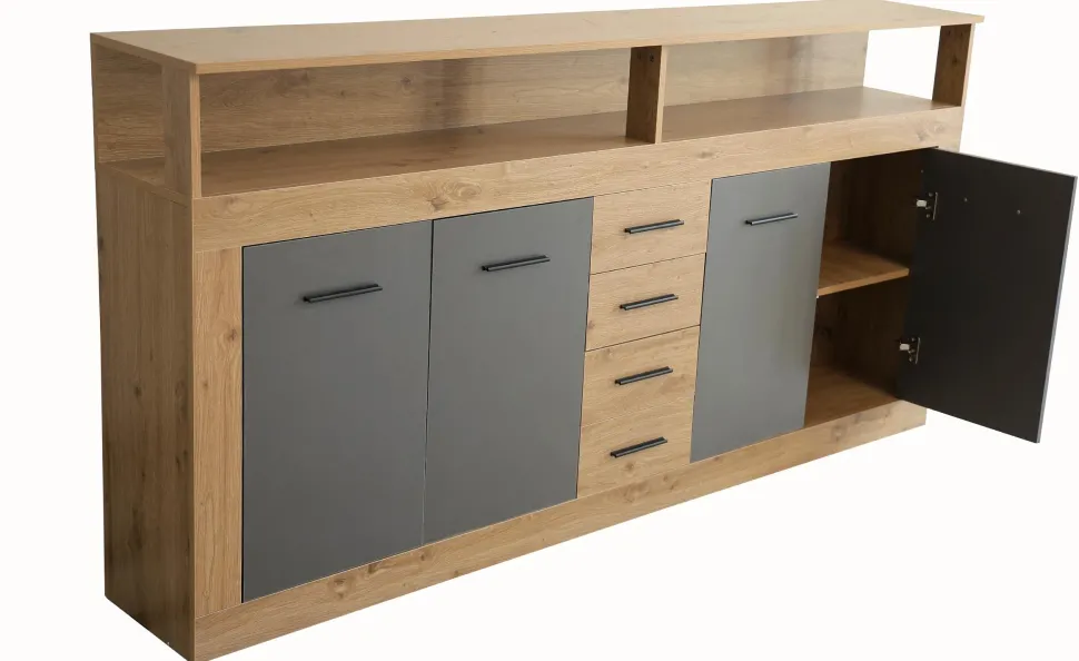 Buffet style industriel L190cm 4 portes er 4 tiroirs Lunata Chêne et Gris