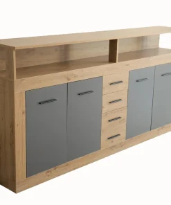 Buffet style industriel L190cm 4 portes er 4 tiroirs Lunata Chêne et Gris