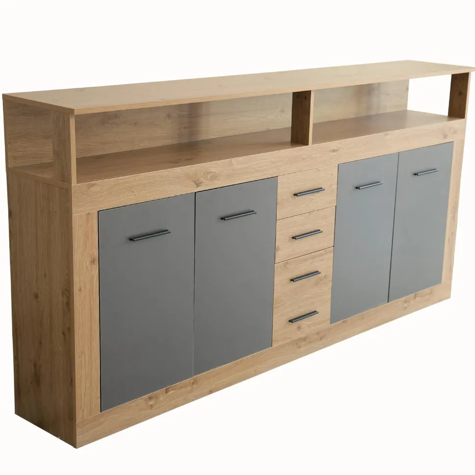 Buffet style industriel L190cm 4 portes er 4 tiroirs Lunata Chêne et Gris