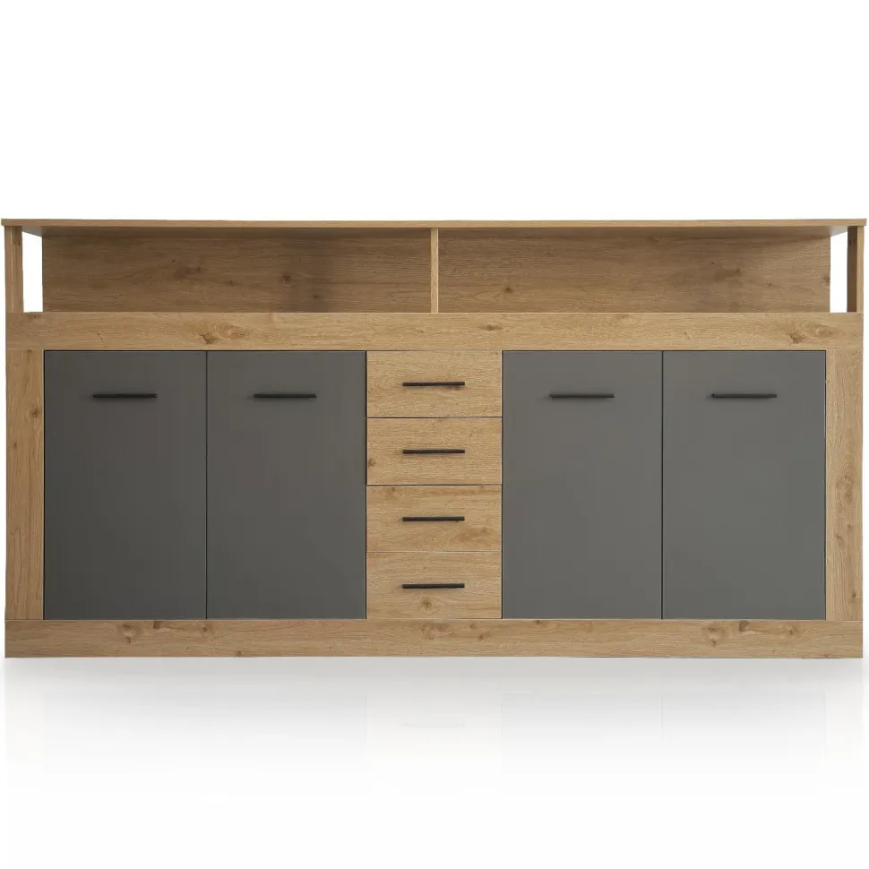 Buffet style industriel L190cm 4 portes er 4 tiroirs Lunata Chêne et Gris