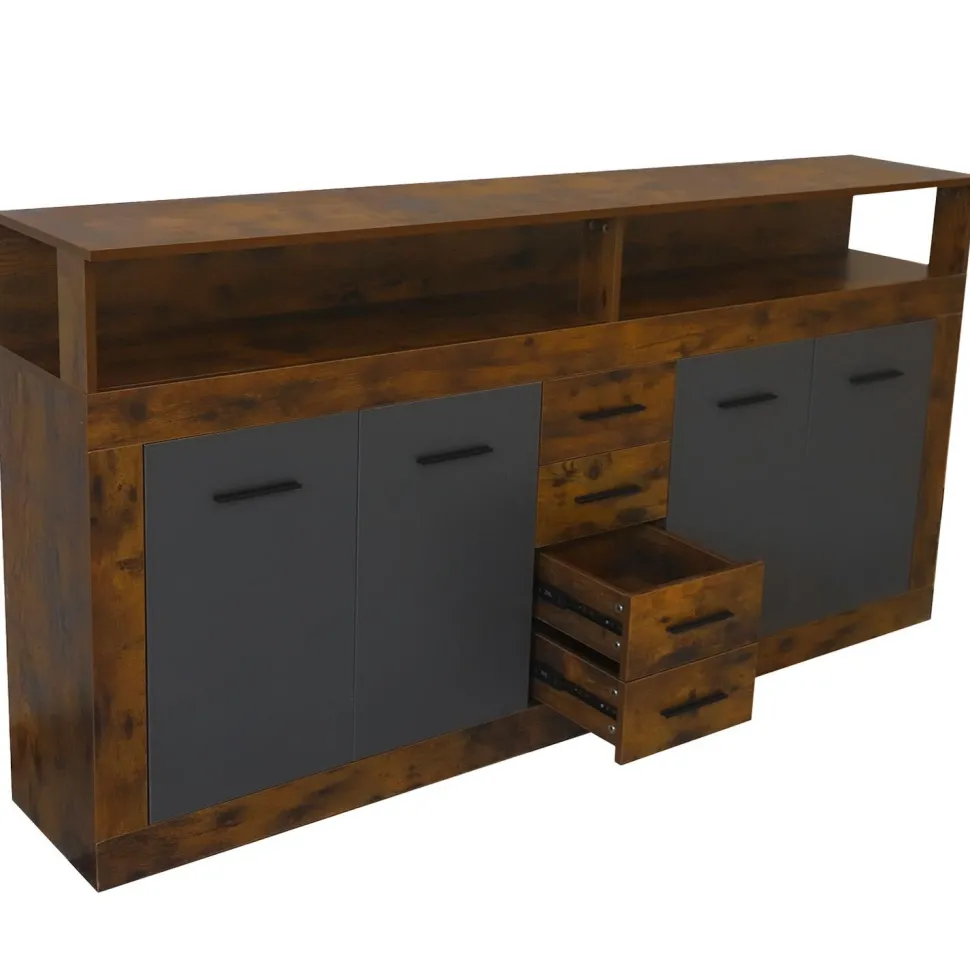 Buffet style industriel L190cm 4 portes er 4 tiroirs Lunata Bois foncé et Gris