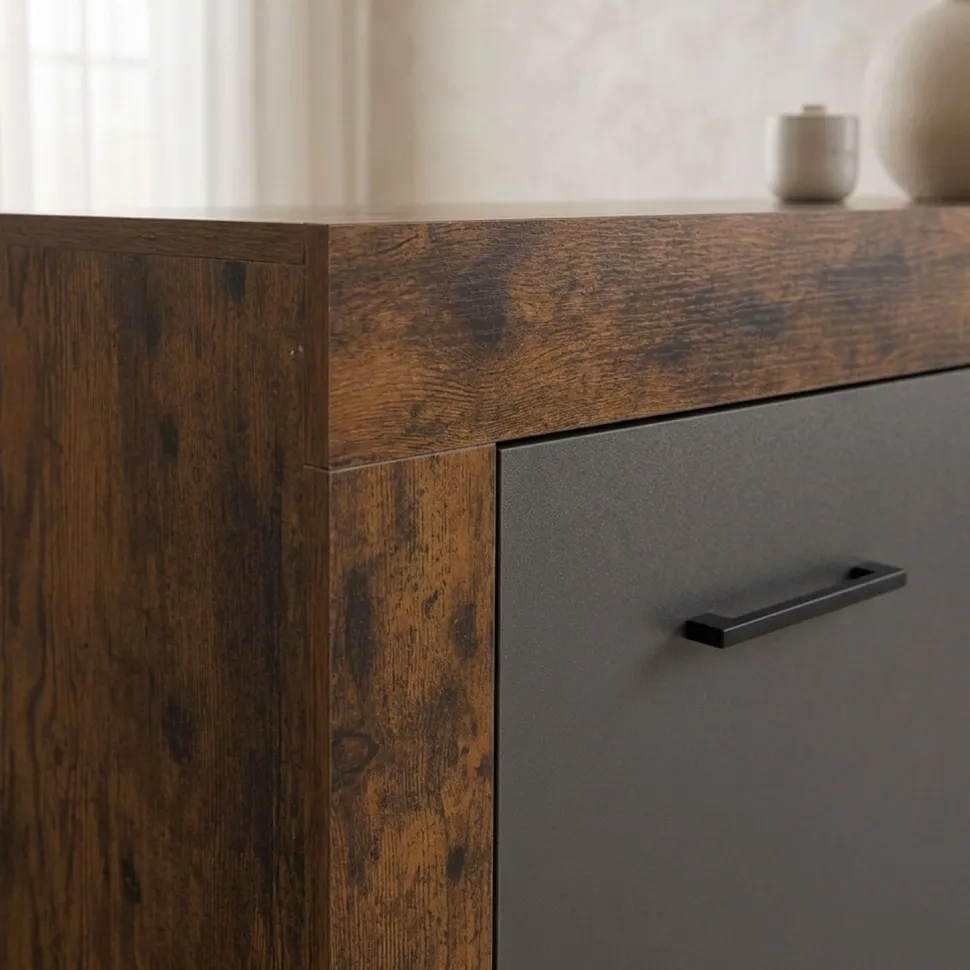 Buffet style industriel L190cm 4 portes er 4 tiroirs Lunata Bois foncé et Gris