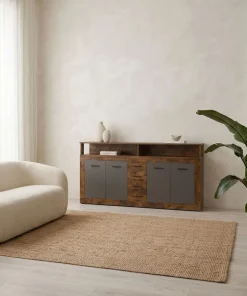 Buffet style industriel L190cm 4 portes er 4 tiroirs Lunata Bois foncé et Gris