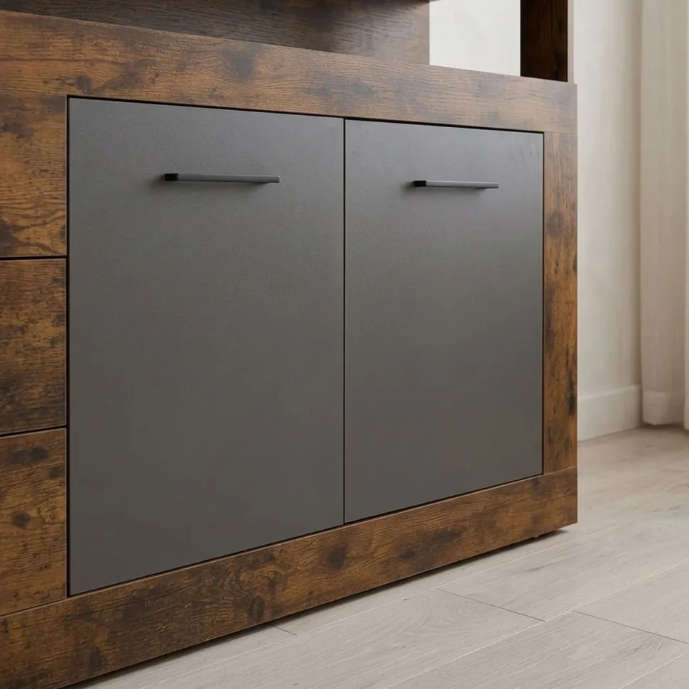 Buffet style industriel L190cm 4 portes er 4 tiroirs Lunata Bois foncé et Gris