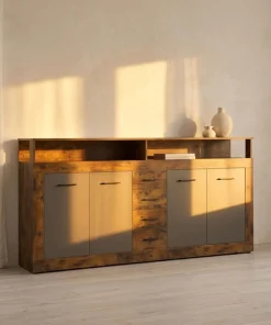 Buffet style industriel L190cm 4 portes er 4 tiroirs Lunata Bois foncé et Gris