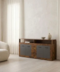 Buffet style industriel L190cm 4 portes er 4 tiroirs Lunata Bois foncé et Gris