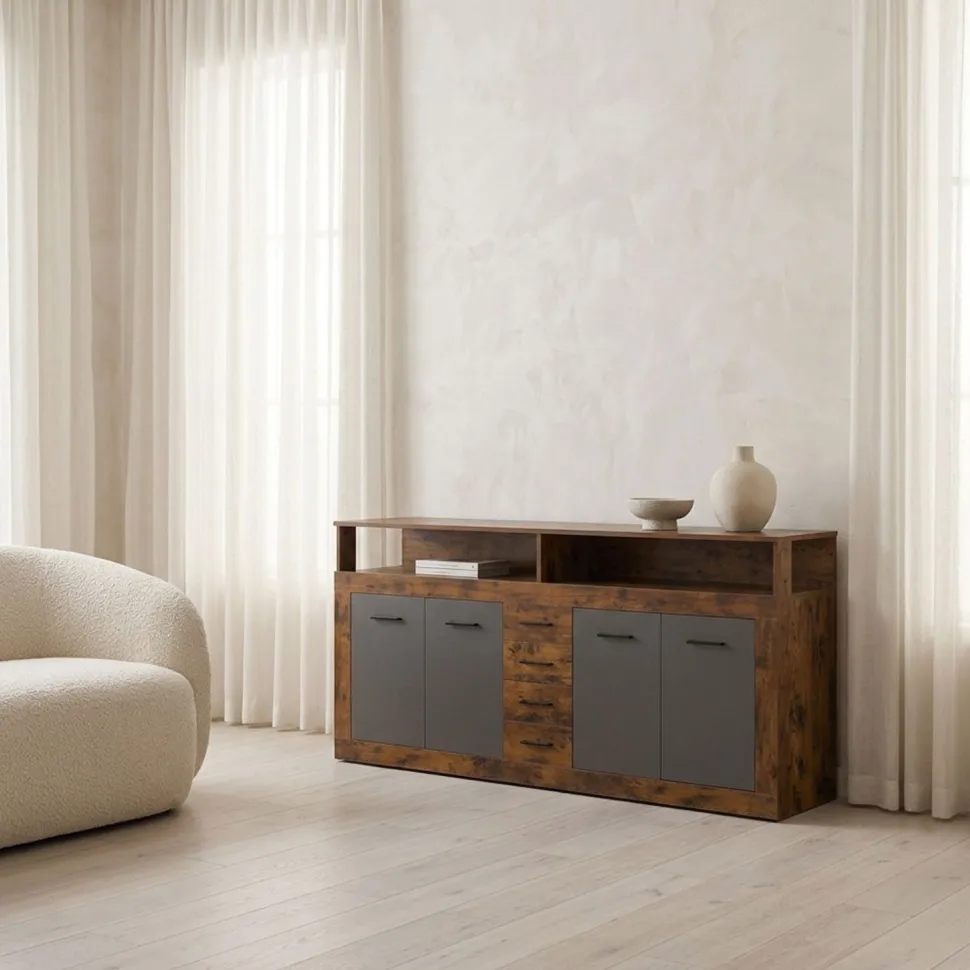 Buffet style industriel L190cm 4 portes er 4 tiroirs Lunata Bois foncé et Gris