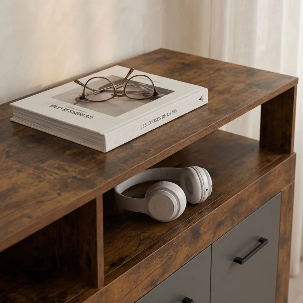Buffet style industriel L190cm 4 portes er 4 tiroirs Lunata Bois foncé et Gris