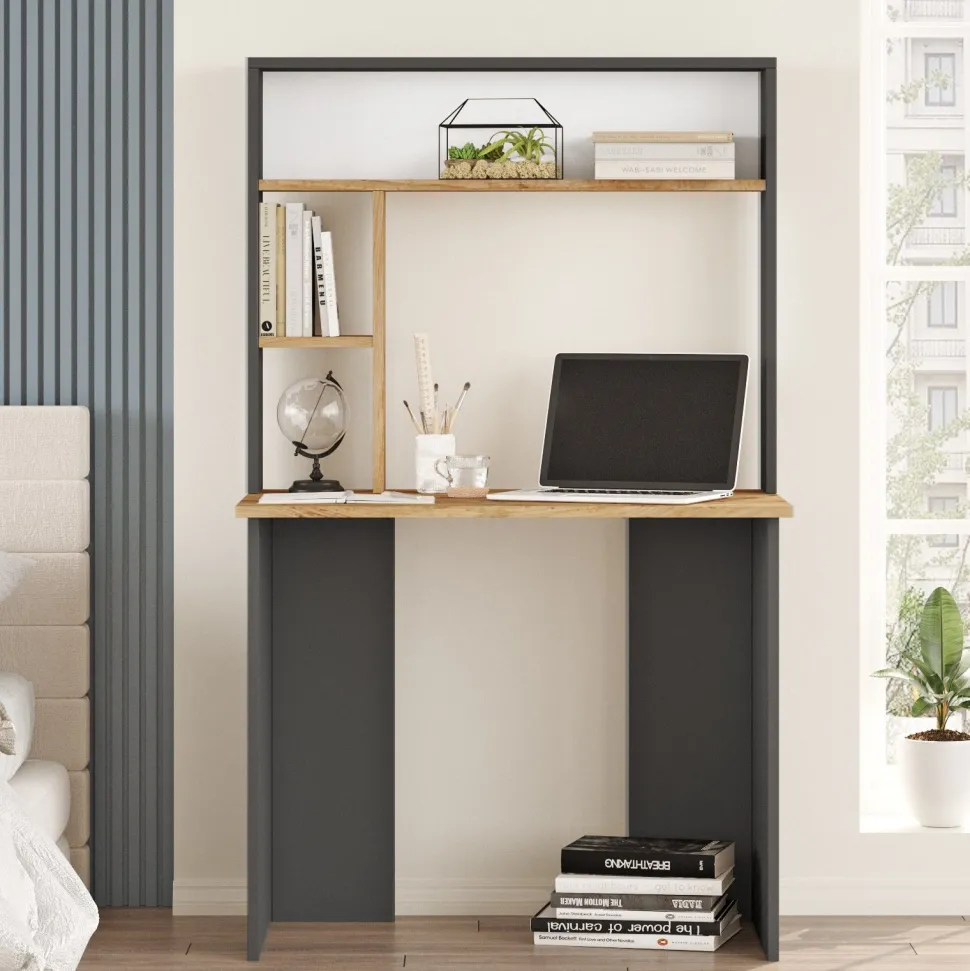 Bureau 3 étagères Nizart L90cm Bois et Anthracite