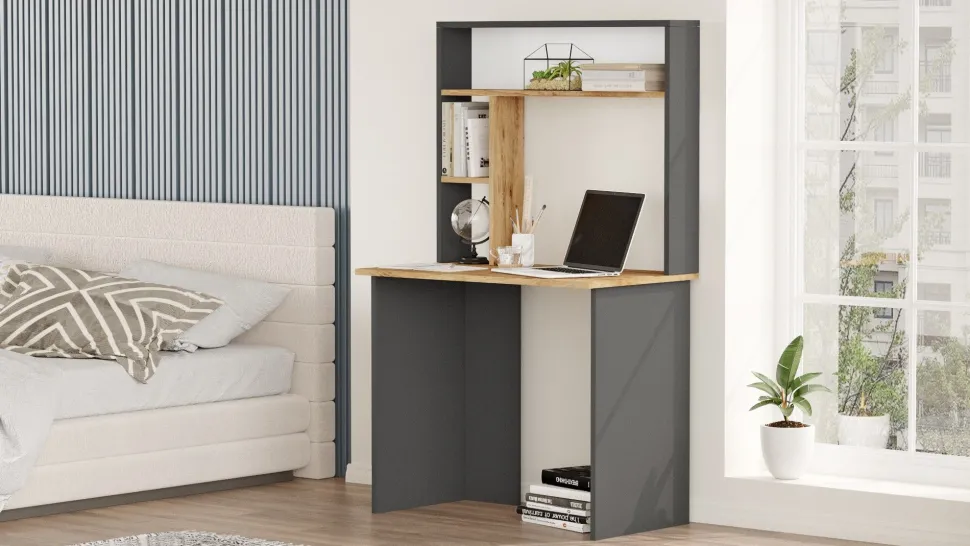 Bureau 3 étagères Nizart L90cm Bois et Anthracite
