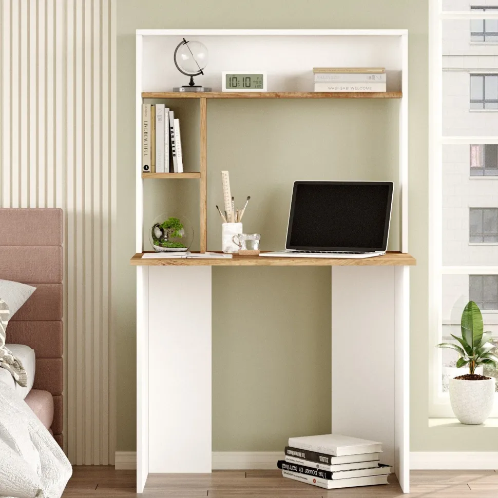 Bureau 3 étagères Nizart L90cm Bois et Blanc