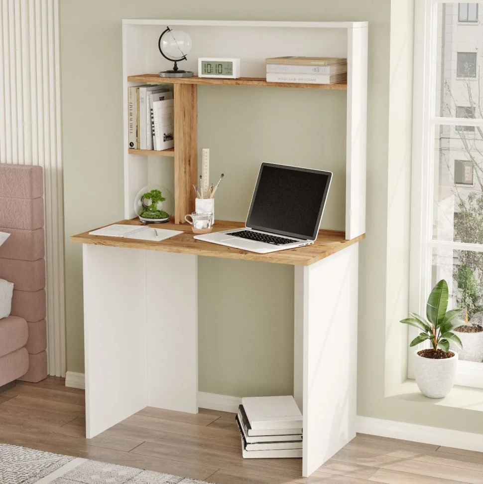Bureau 3 étagères Nizart L90cm Bois et Blanc