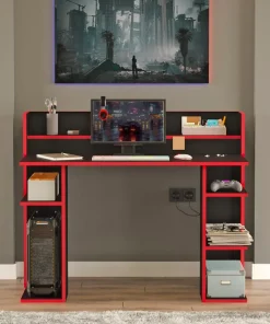 Bureau à étagères style gamer Vrecto L124cm Noir et Rouge