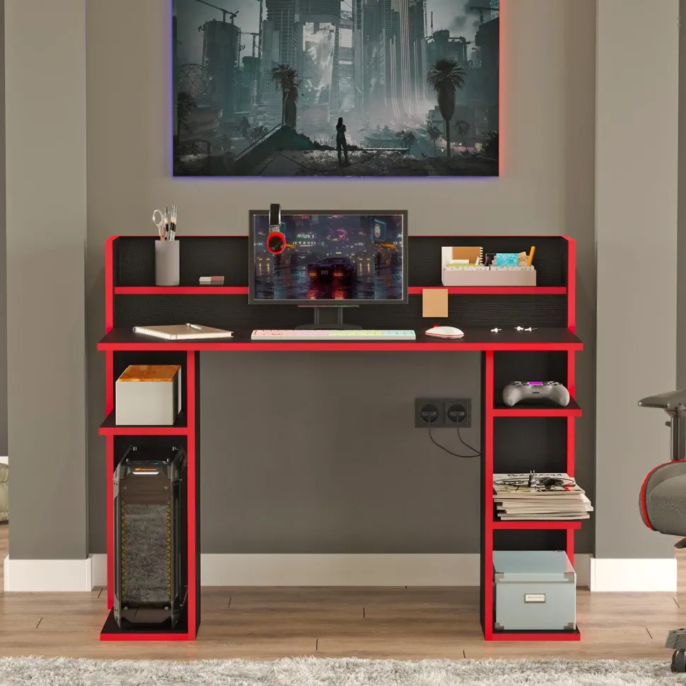 Bureau à étagères style gamer Vrecto L124cm Noir et Rouge