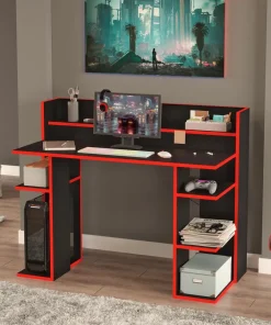 Bureau à étagères style gamer Vrecto L124cm Noir et Rouge