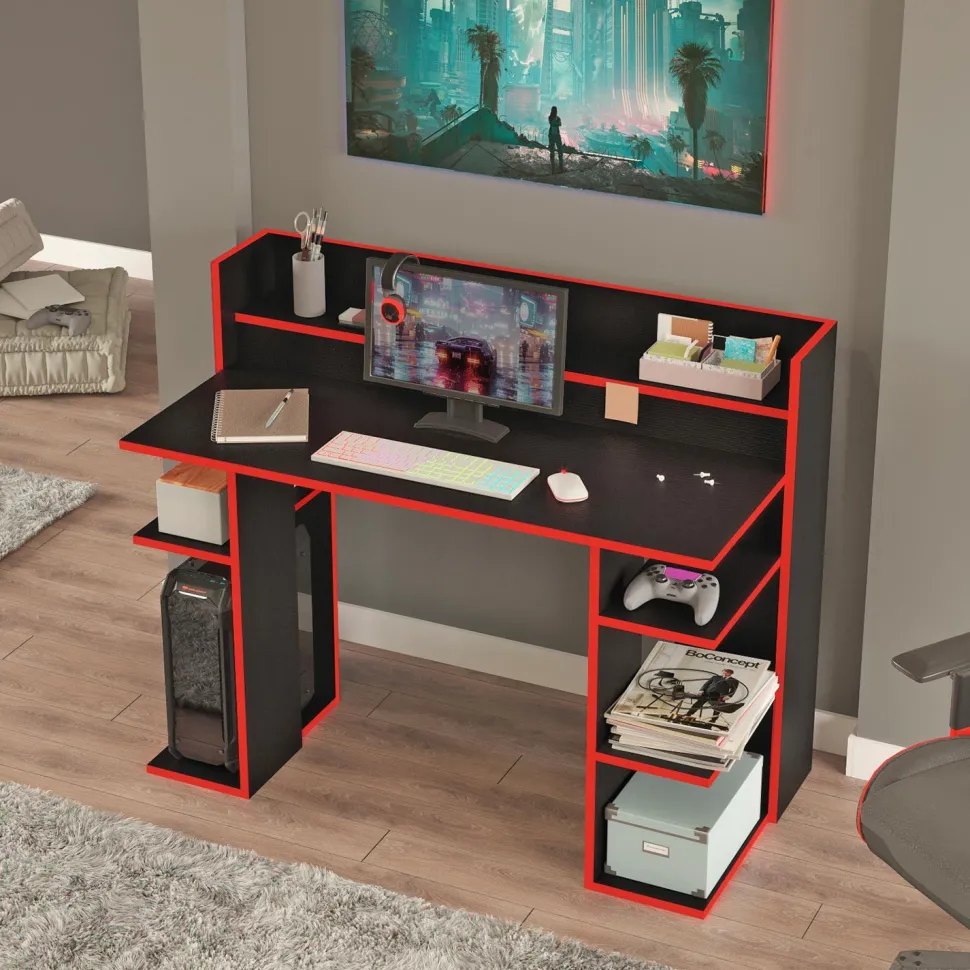 Bureau à étagères style gamer Vrecto L124cm Noir et Rouge
