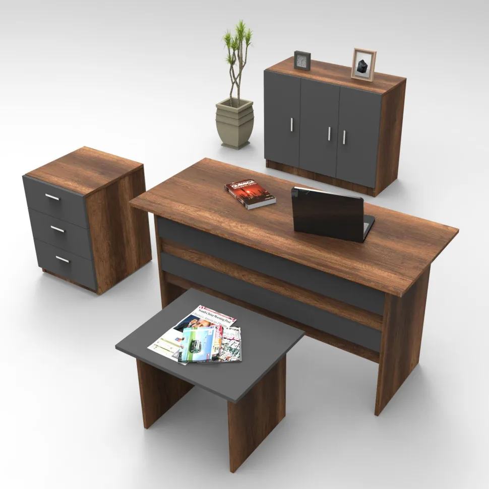 Bureau, armoire, commode et table basse Busymo Chêne foncé et Noir