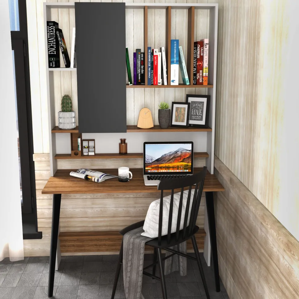 Bureau avec étagère Fekadu L120cm Bois foncé, Blanc et Anthracite