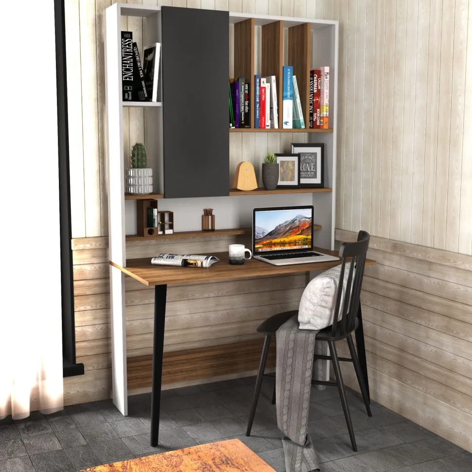 Bureau avec étagère Fekadu L120cm Bois foncé, Blanc et Anthracite