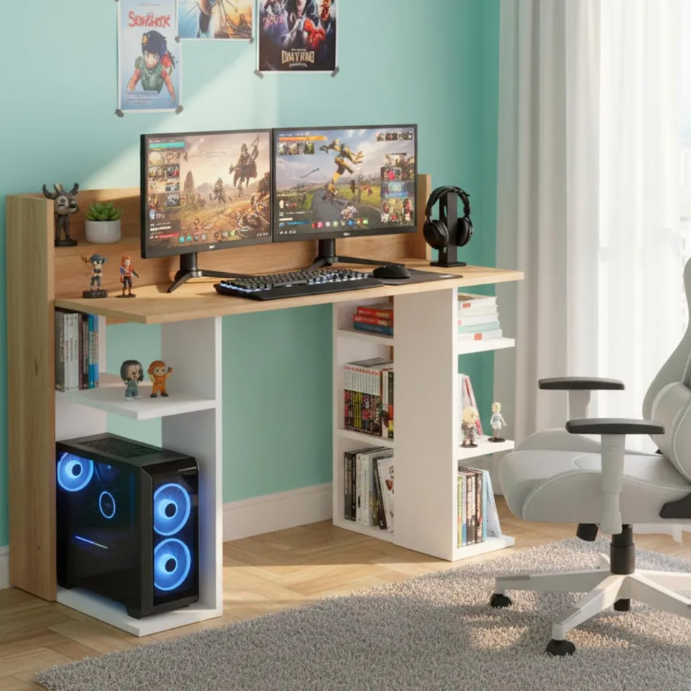 Bureau design à étagères Vrecto L124cm Bois et Blanc