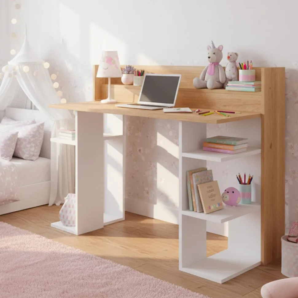 Bureau design à étagères Vrecto L124cm Bois et Blanc