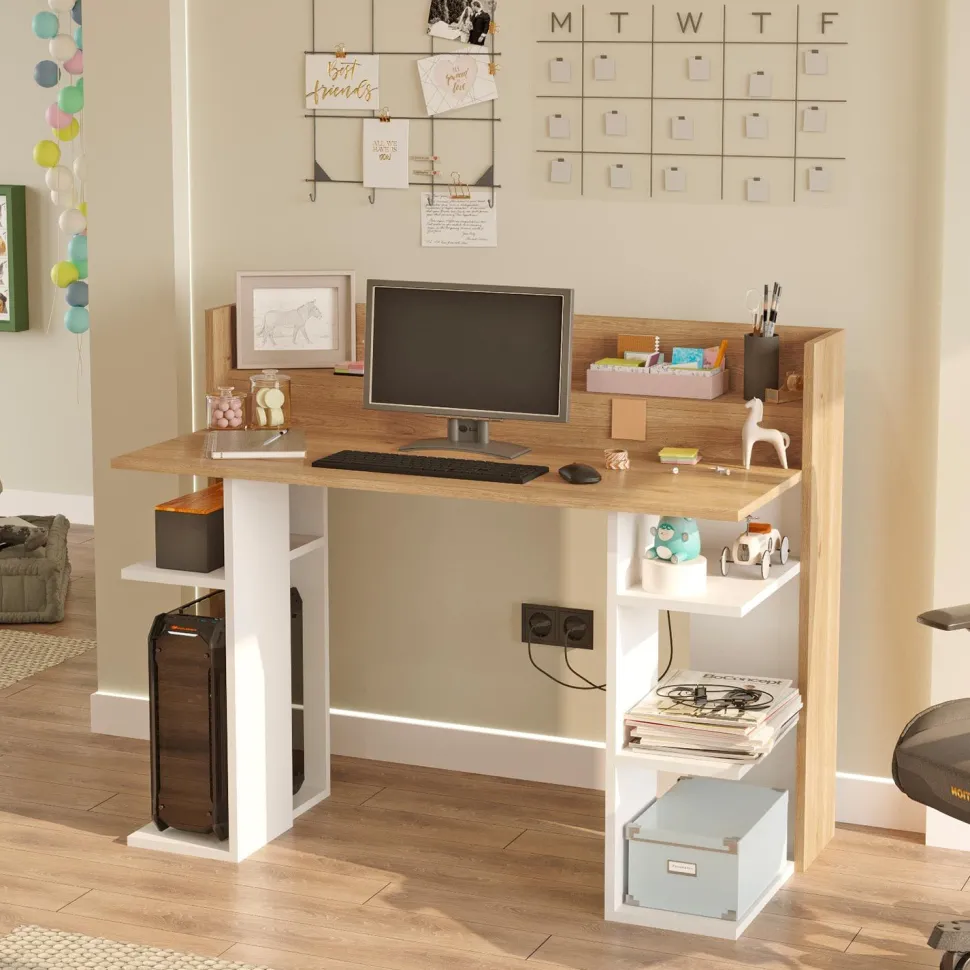 Bureau design à étagères Vrecto L124cm Bois et Blanc