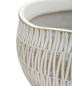 Cache-pot en polyrésine décoré de motifs géométriques et linéaires blanc et doré