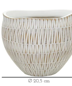 Cache-pot en polyrésine décoré de motifs géométriques et linéaires blanc et doré