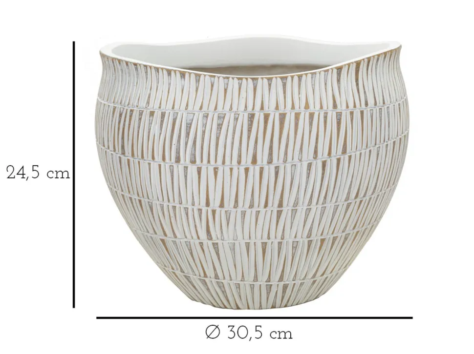 Cache-pot en polyrésine sculptures géométriques Blanches et Dorées