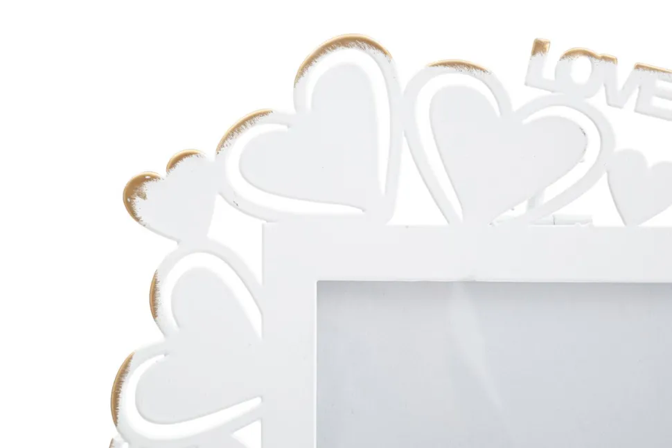Cadre photo en métal blanc avec motifs cœur en verre doré