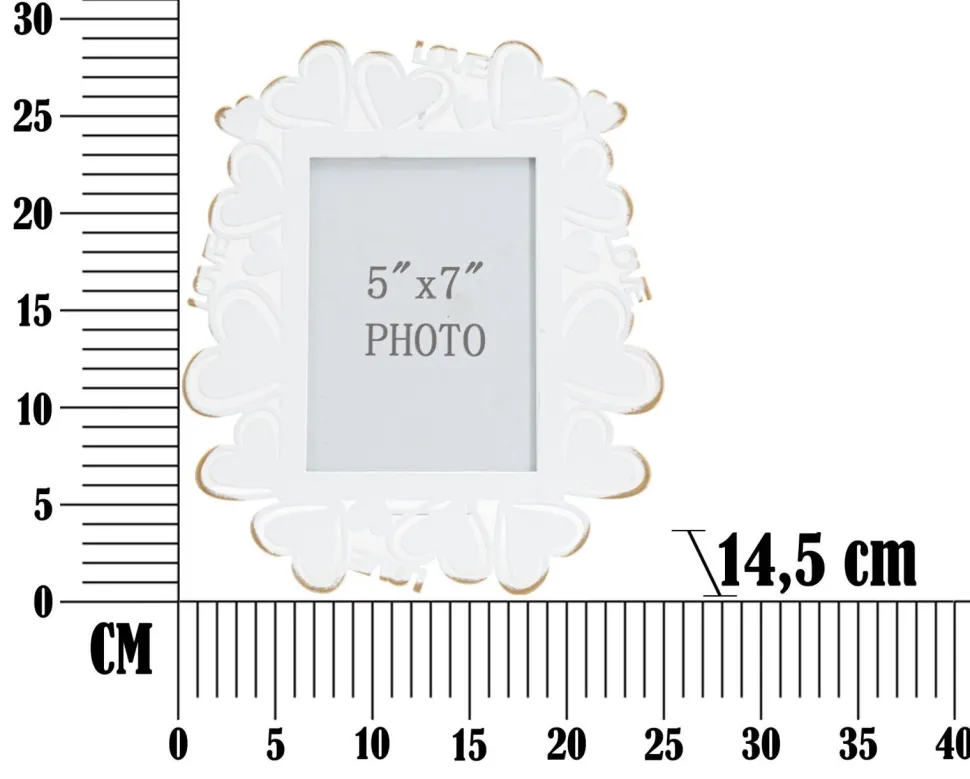 Cadre photo en métal blanc avec motifs cœur en verre doré