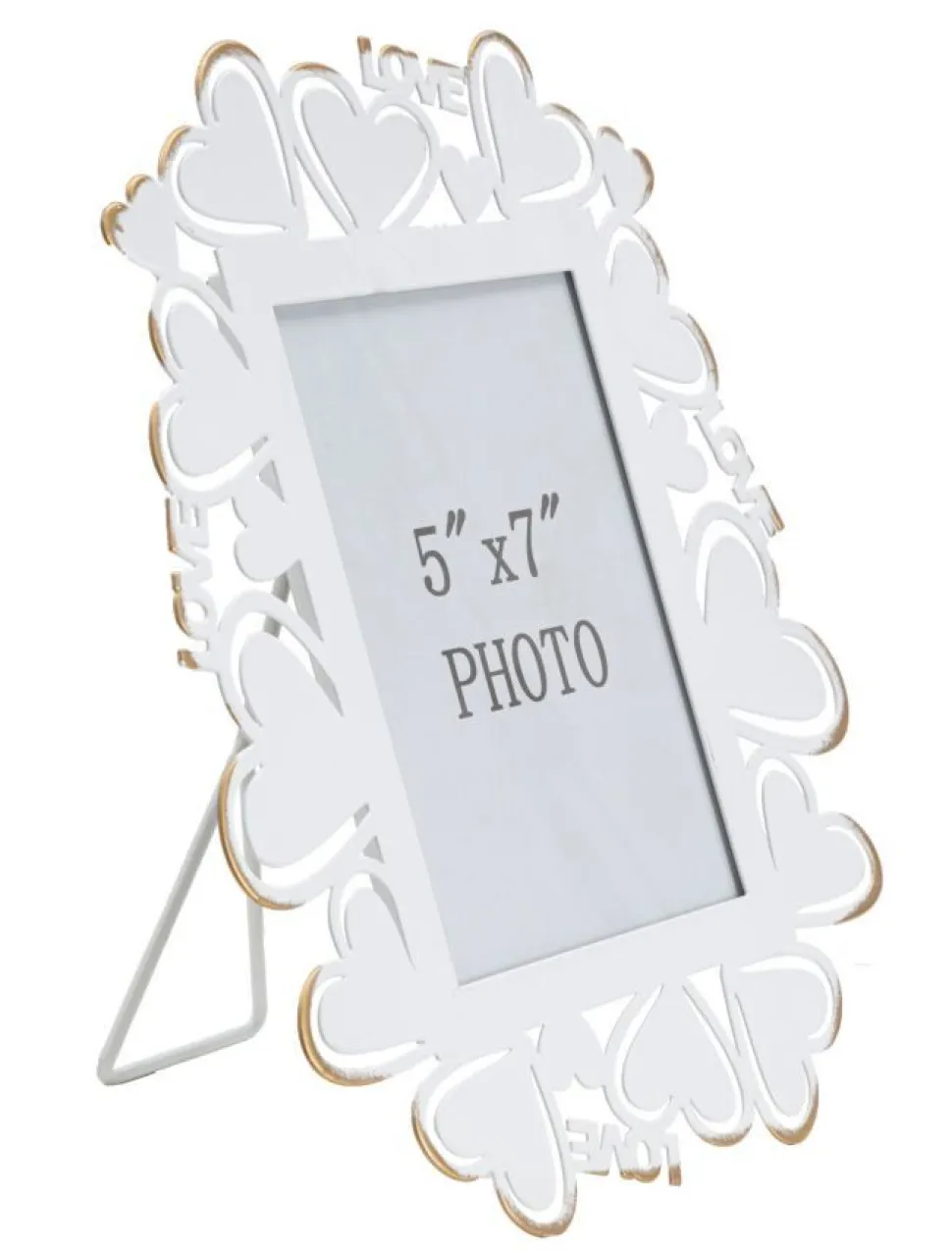 Cadre photo en métal blanc avec motifs cœur en verre doré