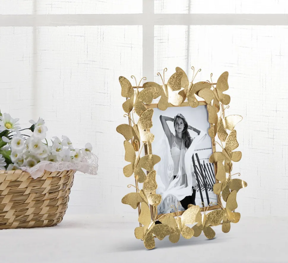 Cadre photo métal doré décor papillons en fer et verre
