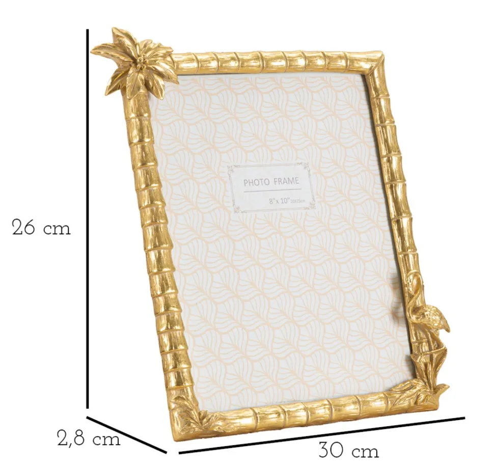 Cadre photo rectangulaire en polyrésine et or design cannes de bambou avec flamant rose