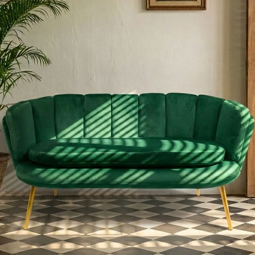 Canapé 2 places arrondi Brenda Velours Vert pieds Or