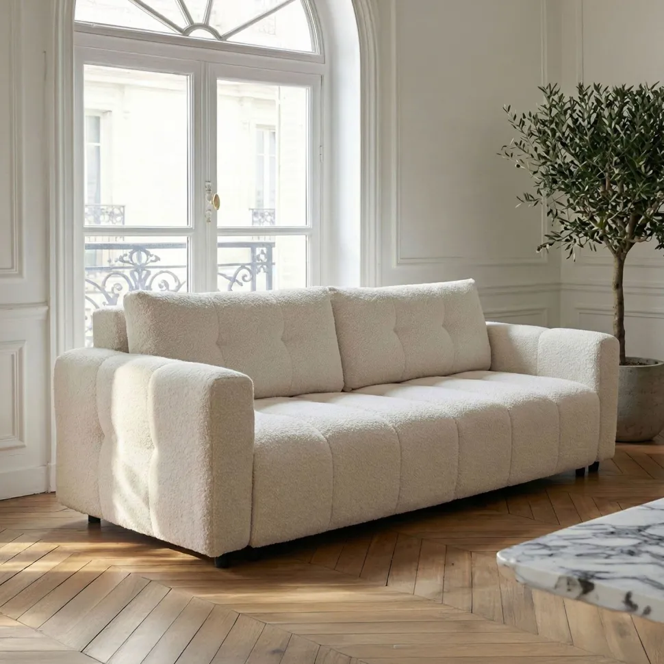 Canapé 3 places convertible Stylian Tissu bouclette Crème