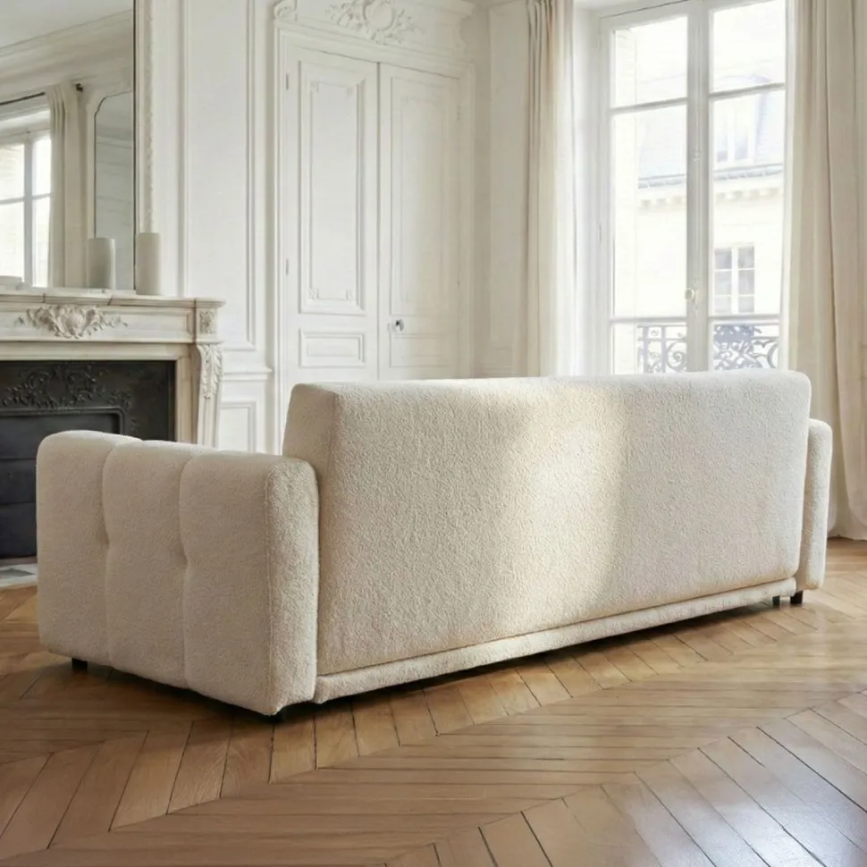 Canapé 3 places convertible Stylian Tissu bouclette Crème