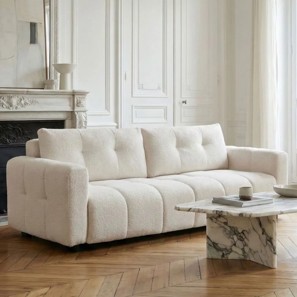 Canapé 3 places convertible Stylian Tissu bouclette Crème