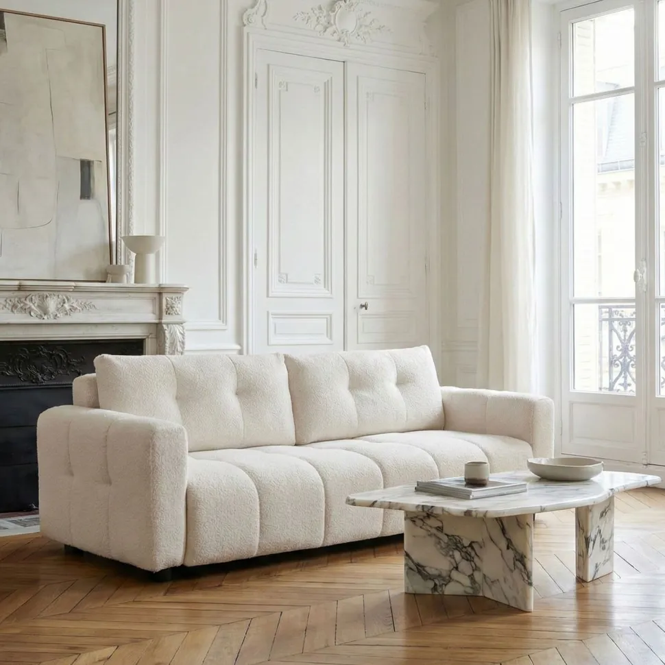 Canapé 3 places convertible Stylian Tissu bouclette Crème