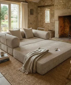 Canapé 2 places convertible et modulable Bergerac Velours côtelé Taupe Clair