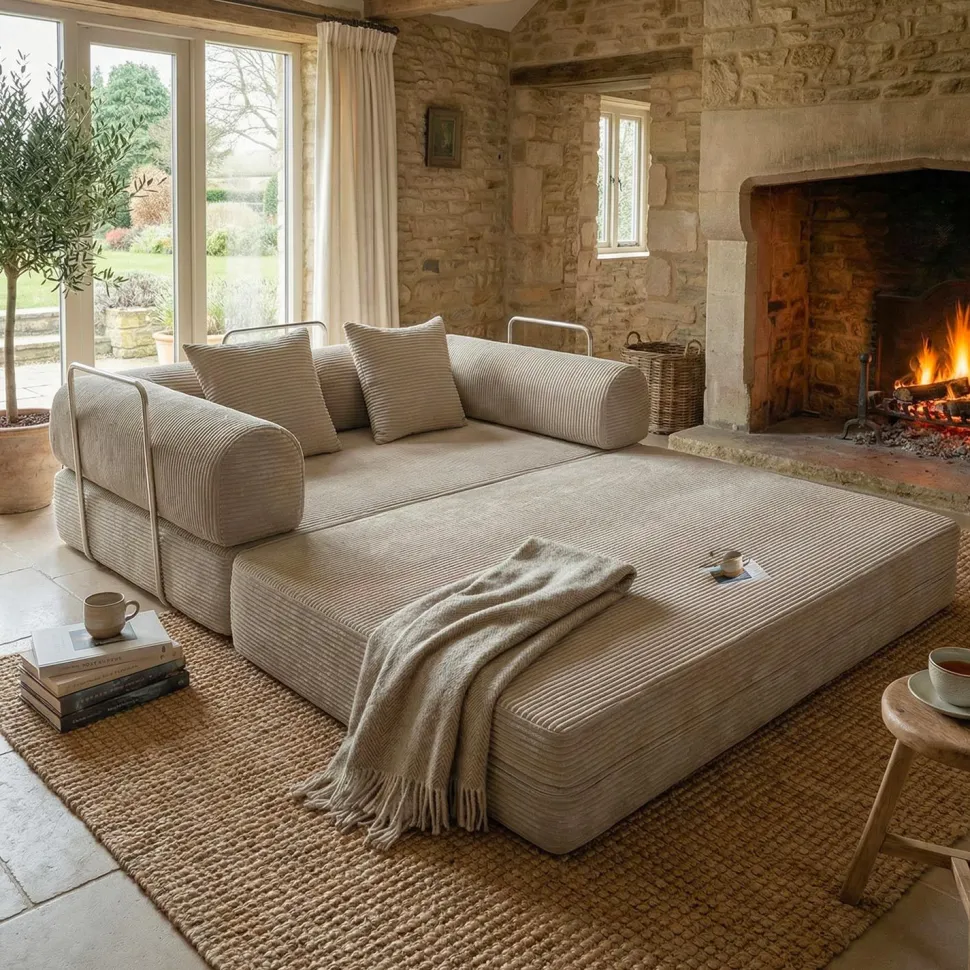 Canapé 2 places convertible et modulable Bergerac Velours côtelé Taupe Clair