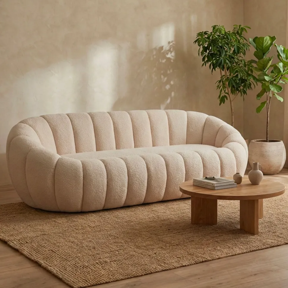 Canapé 3 Places design coquillage Horizan Tissu bouclette Crème