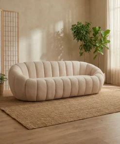 Canapé 3 Places design coquillage Horizan Tissu bouclette Crème