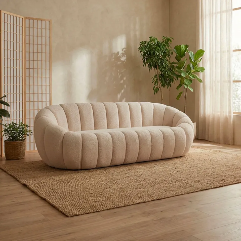 Canapé 3 Places design coquillage Horizan Tissu bouclette Crème