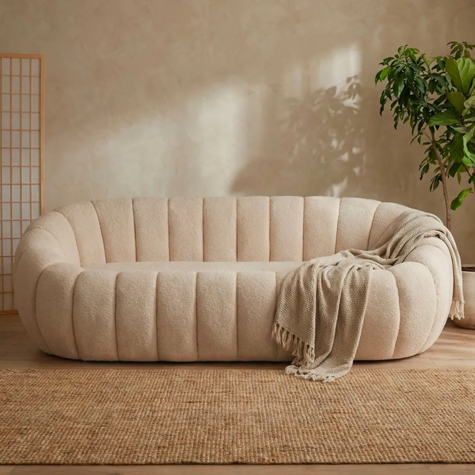 Canapé 3 Places design coquillage Horizan Tissu bouclette Crème