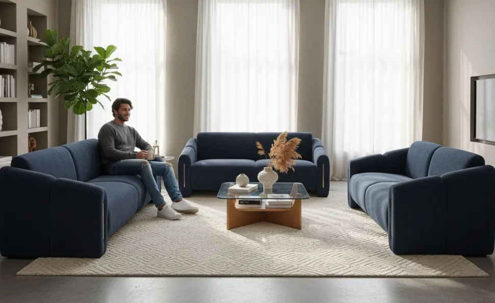 Canapé 2 places design Maximilien Métal doré et Velours côtelé Bleu foncé